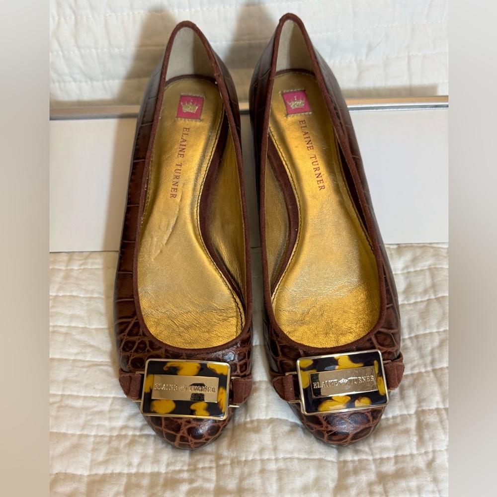 Elaine Turner Aligator look Flat Ballet Shoes w/ Leopard Buckle Sz 7.5 - Picture 2 of 8